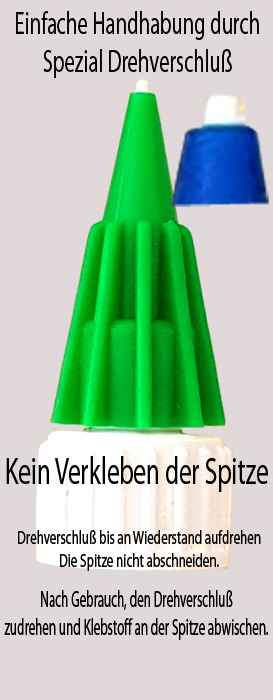 Spezial Drehverschluss, Sekundenkleber dünnflüssig für Leder, Holz, Kork, Keramik und alle porösen Materialien Spezial Drehverschluss, Sekundenkleber dünnflüssig für Leder, Holz, Kork, Keramik und alle porösen Materialien